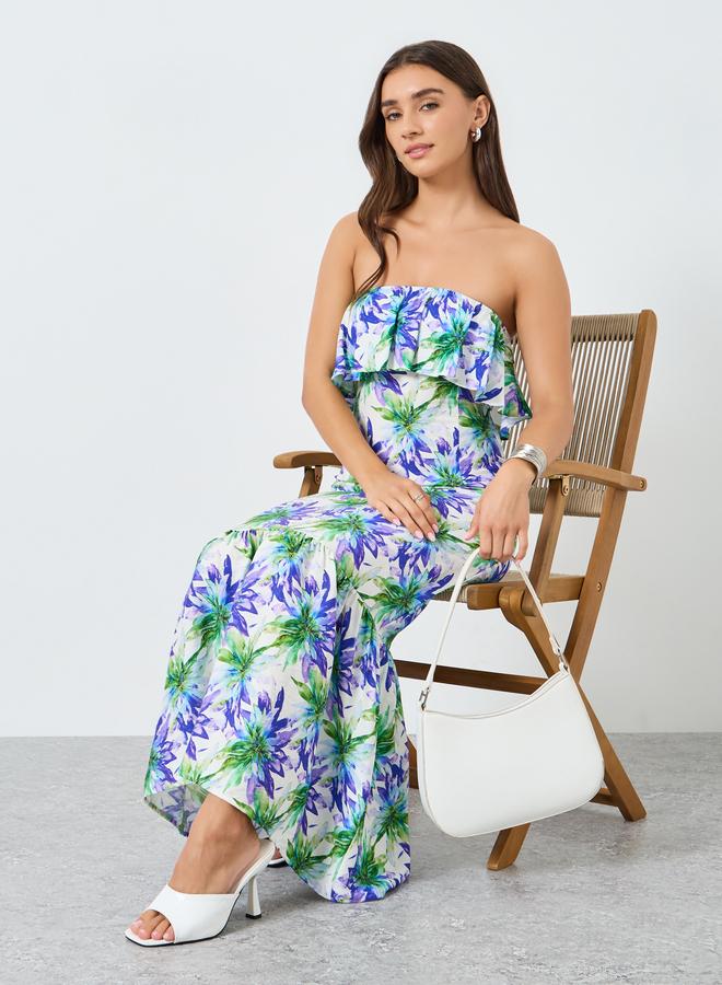 Women Floral Print Strapless Maxi Dress